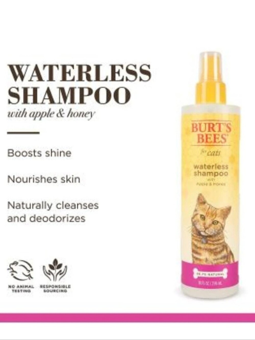 *NEW*Burt's Bees Natural Waterless Dry Shampoo For Cats With Apple & Honey 10 oz